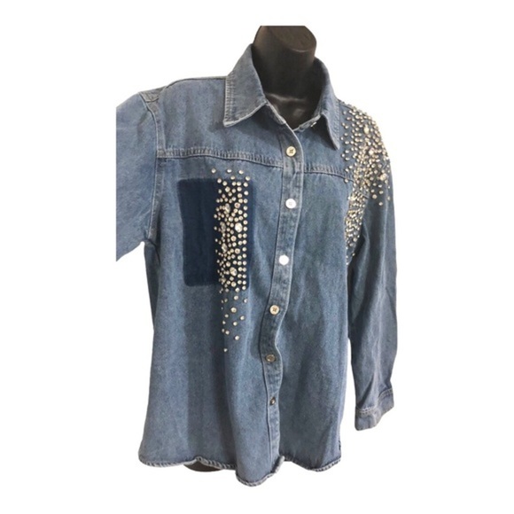 Beautiful denim crystal rhinestones studded‎ button down shirt size medium new - Picture 12 of 16